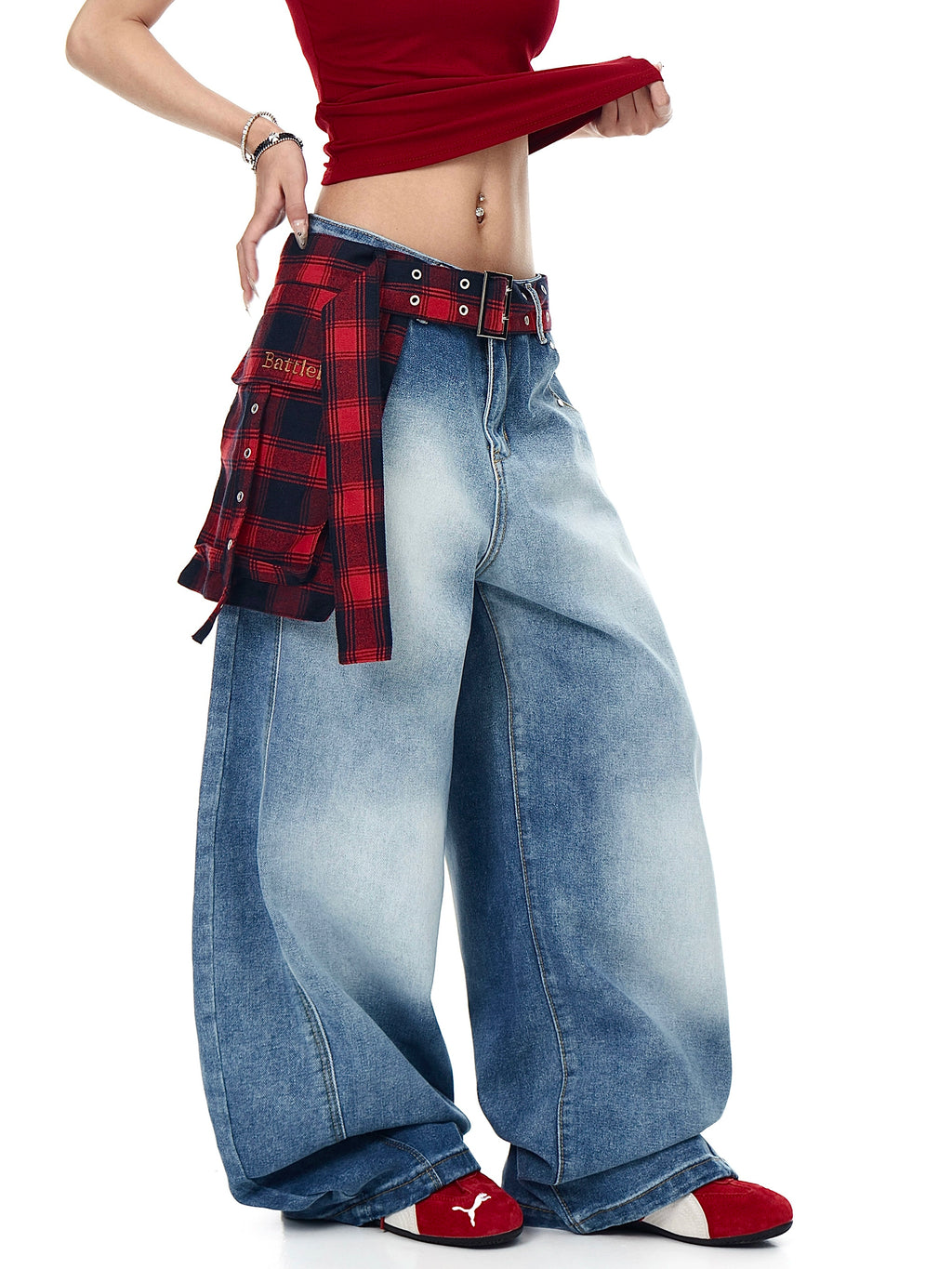 BLACKLISTS Plaid Skirt Waist Seal Fart Curtain Scimitar Jeans