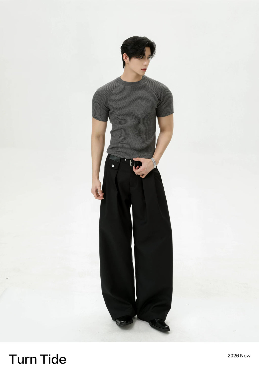 TURNTIDE Knitted Shoulder Slim Crew Neck Tee
