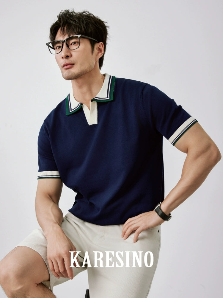 KARESINO Cold Silk Cool Color Contrasting Splicing Knitted Polo Shirt