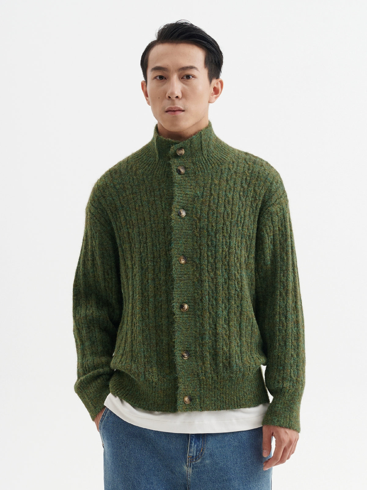 BUTTBILL Loose Casual Stand-up Collar Twisted Knitted Shirt Sweater