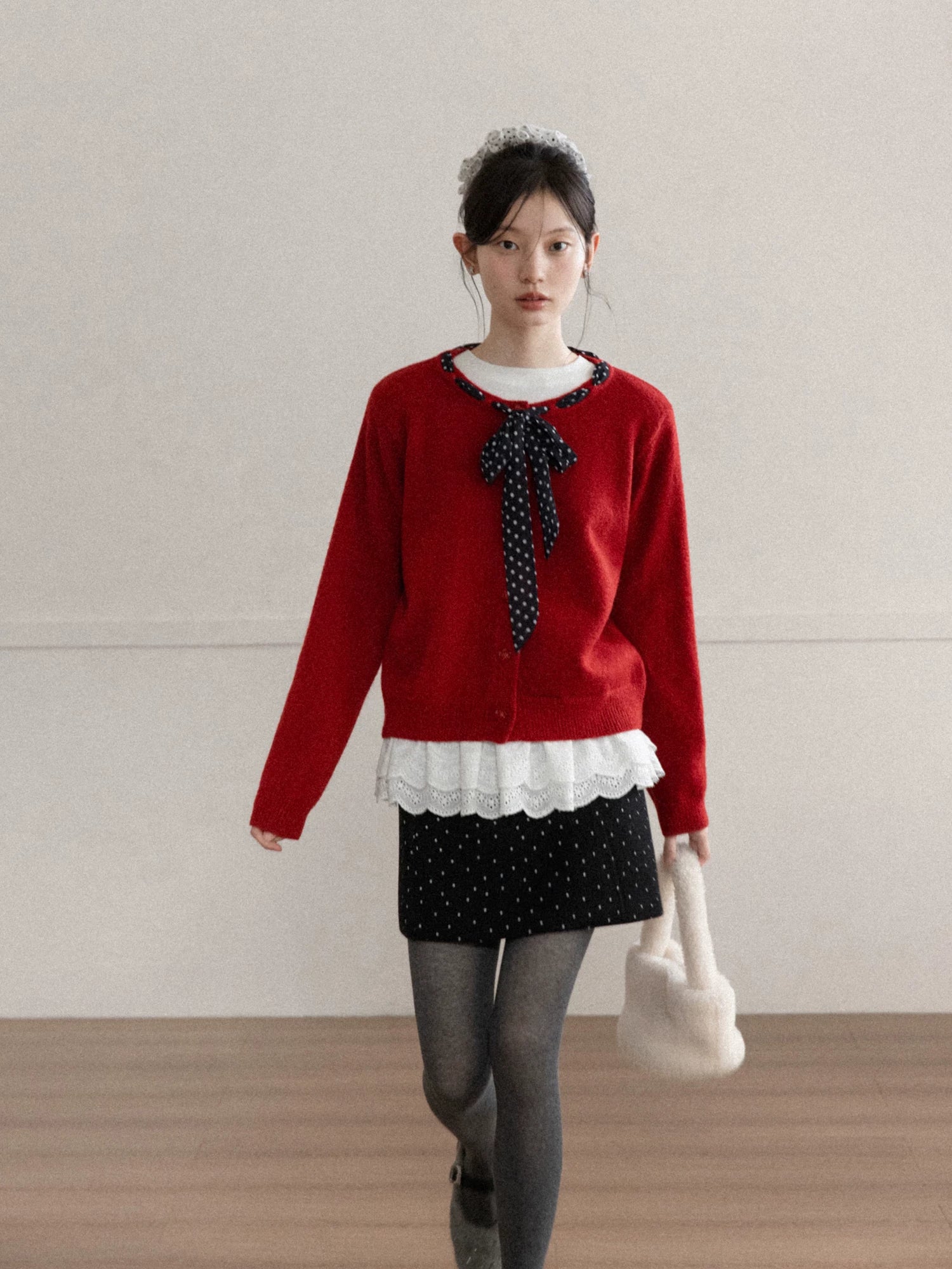 Cantonstory Polka Dot Silk Scarf Crew Neck Knitted Cardigan Sweater