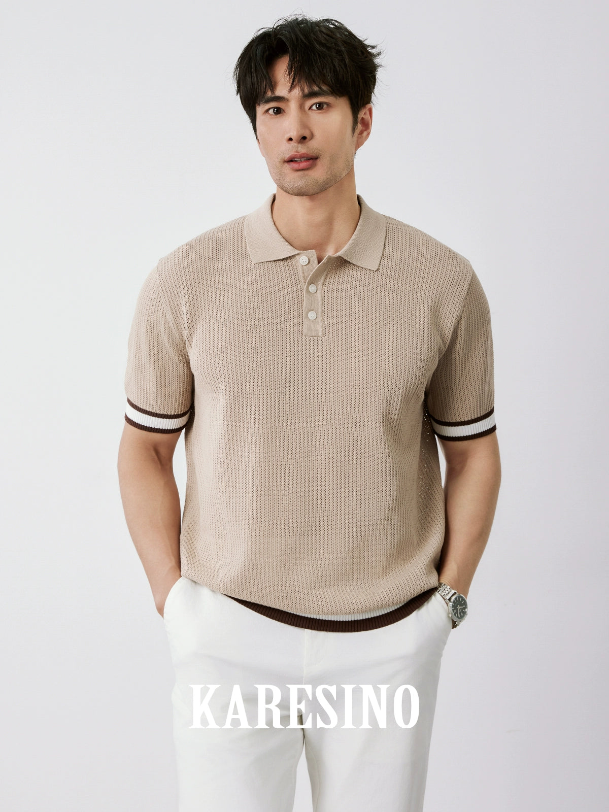 KARESINO Breathable Hollow Mesh Contrast Knitted Polo Shirt