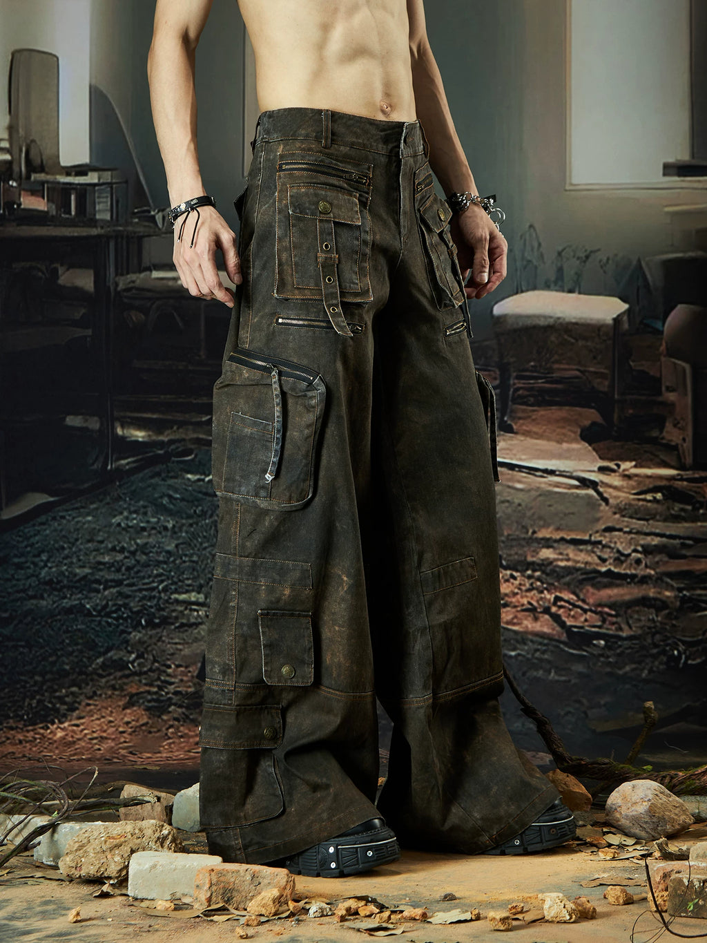 NOMANIAI Multi-pocket Streamer Zipper Splicing Layered Casual Pants