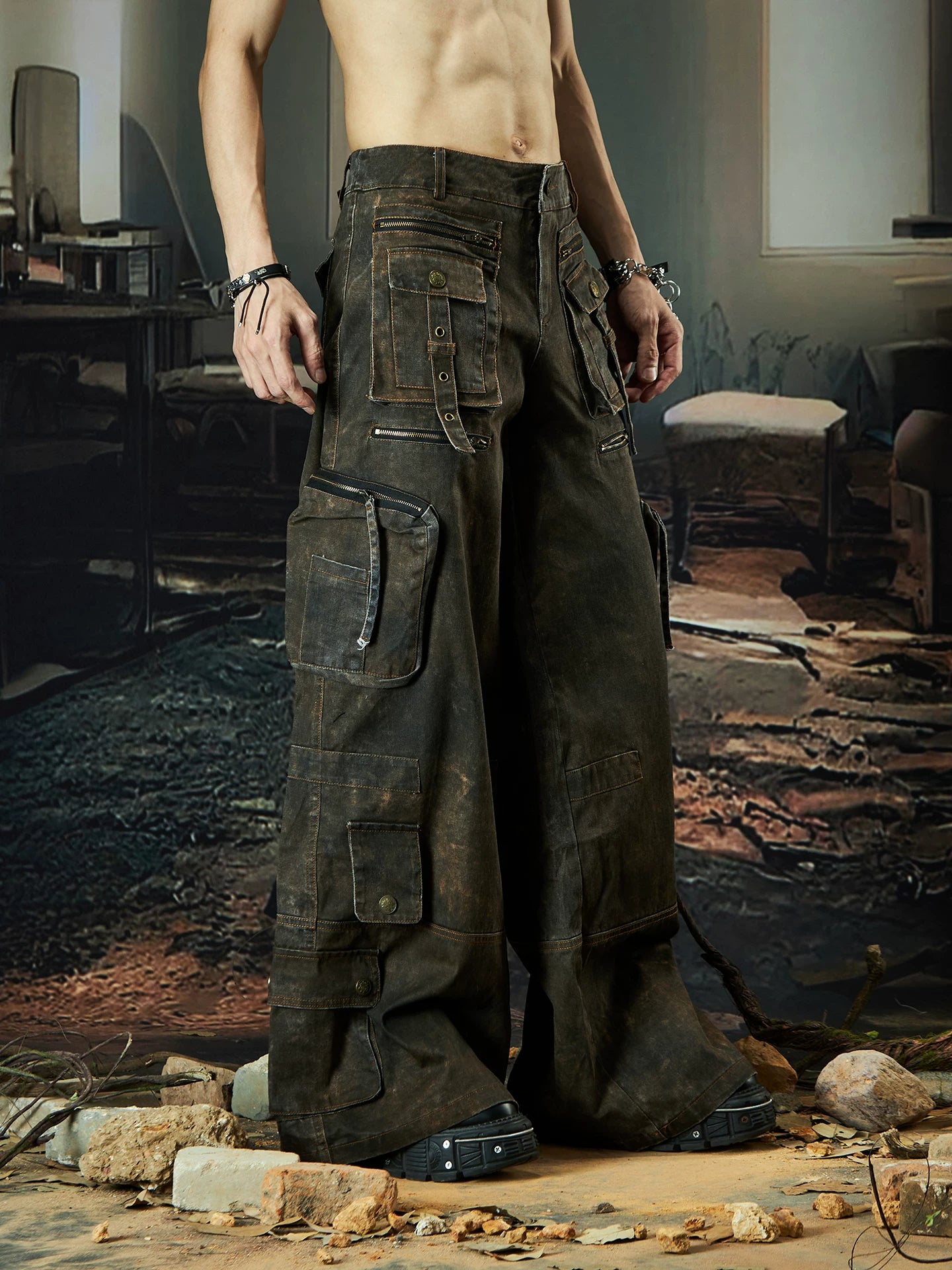 NOMANIAI Multi-pocket Streamer Zipper Splicing Layered Casual Pants