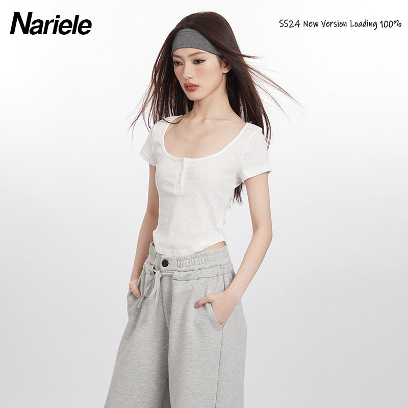 Nariele Big U-neck Slim-fit Open Button Tee