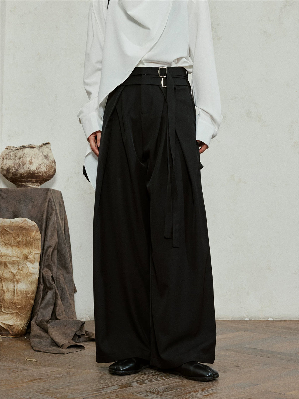 SUNYVONNE Minimalist Double Belt Wide-leg Suit Pants