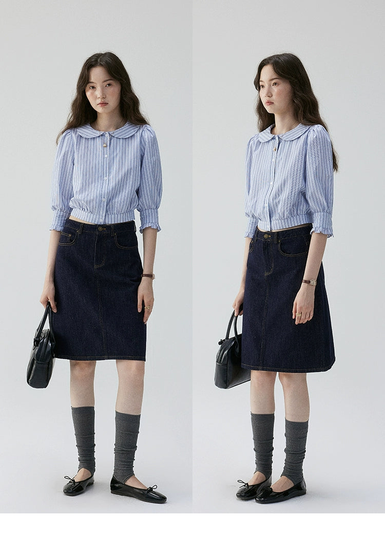 VOOE Short Doll Collar Striped Seven-quarter Sleeve Shirt