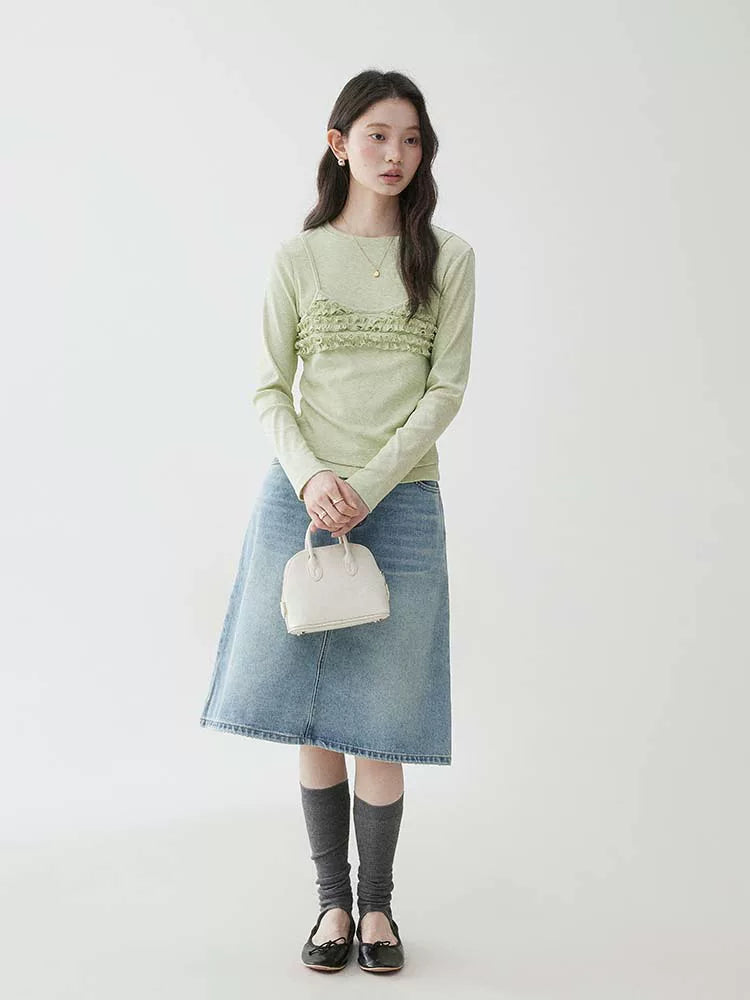 VOOE Fake Two-piece Fungus Edge Long Sleeves