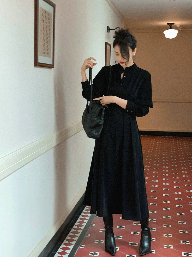 KELIFAN Retro Stand-up Neck Long-sleeved Dress