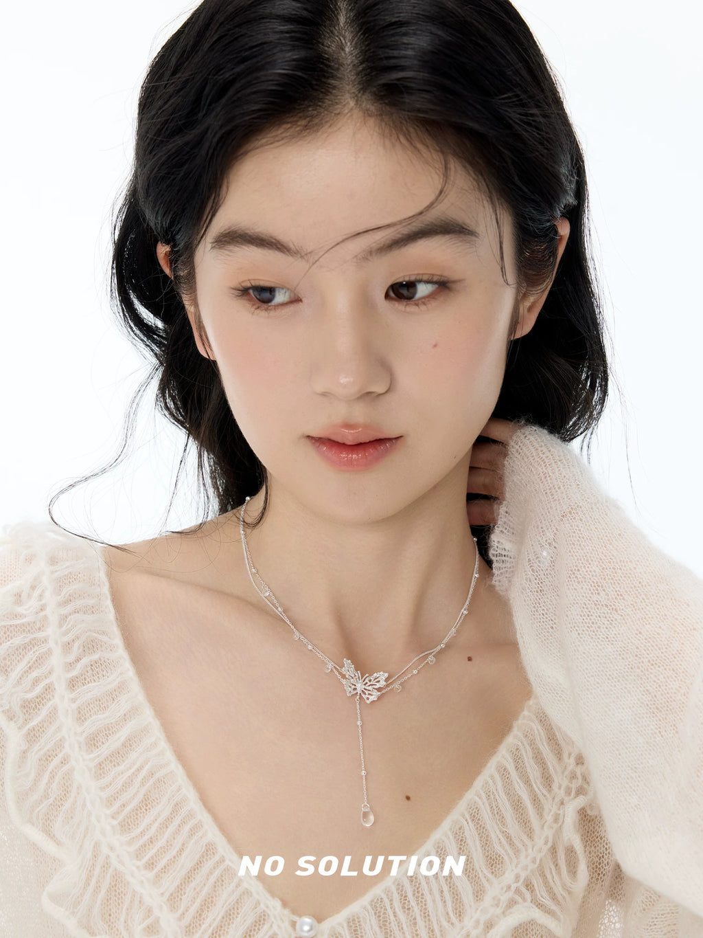 NO SOLUTION Lace Butterfly Tassel Crystal Necklace
