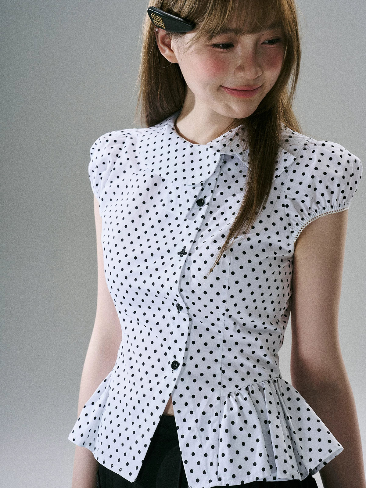 LOST FOREST Asymmetrical Lotus Leaf Polka Dot Shirt Tee