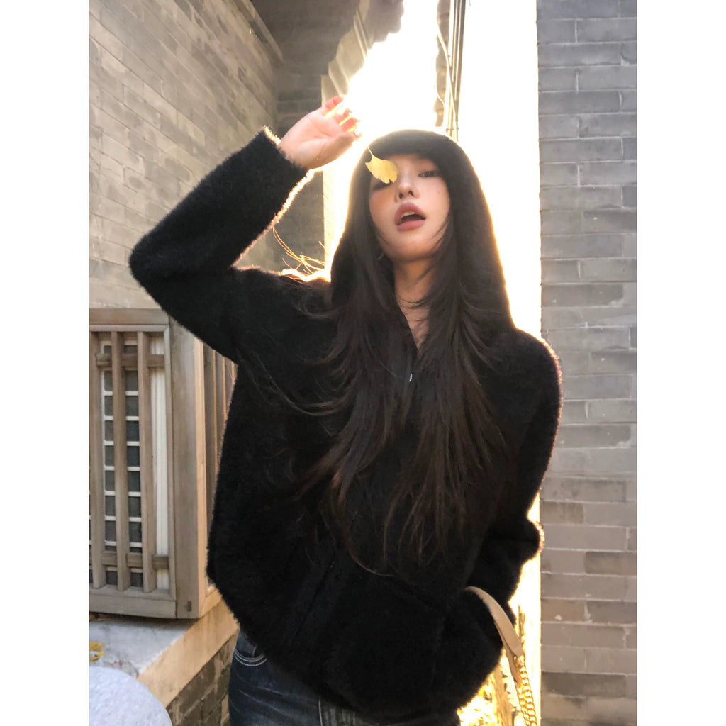 Pusumede Temperament Comfortable Hooded Warm Fluffy Jacket