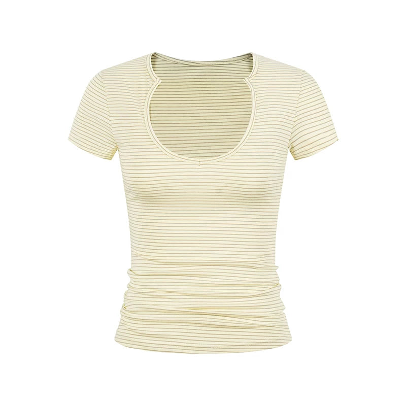 EAHO Striped U-neck Front Shoulder Slim and Thin Tee