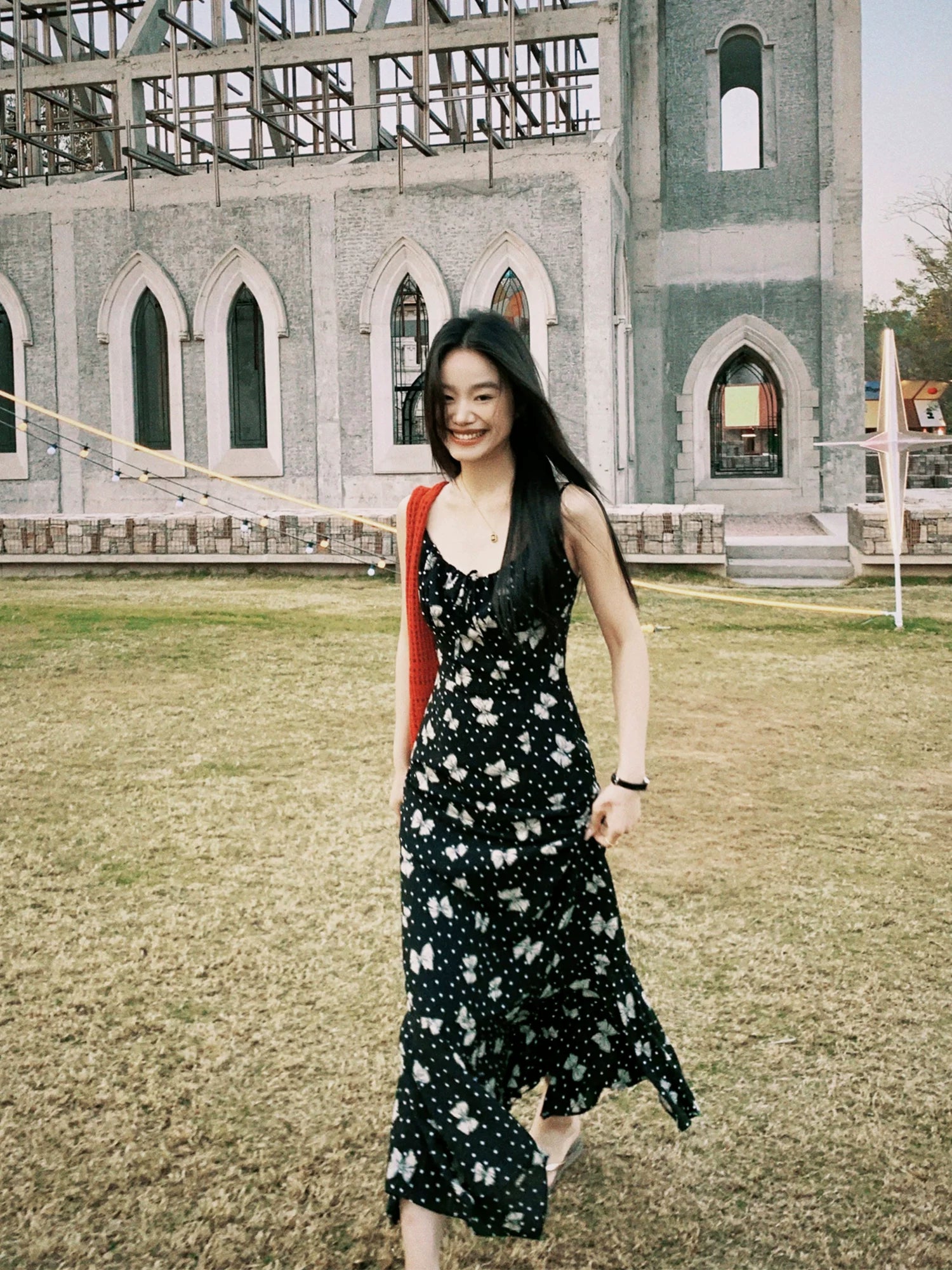 Pusumede Butterfly Print Suspender Dress