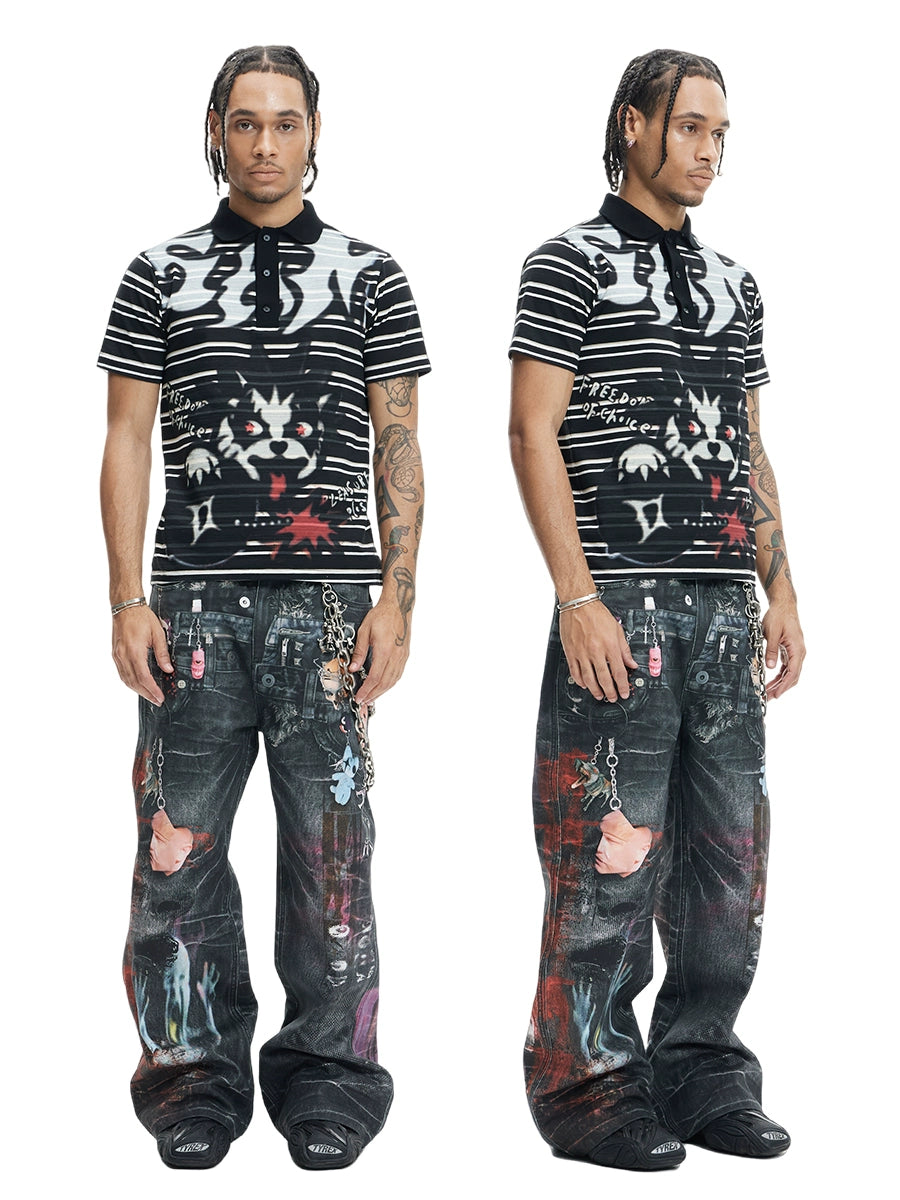 DND4DES Bad Cat Print Slim Fit Stretch Polo Shirt
