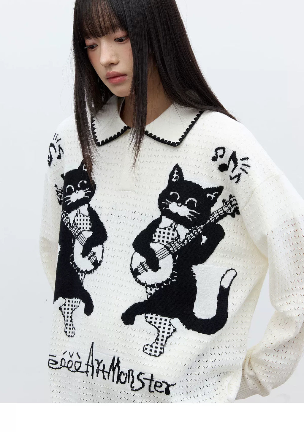 eeeeArtmonster Cat Jacquard Knitted Hollow Long Sleeve Blouse