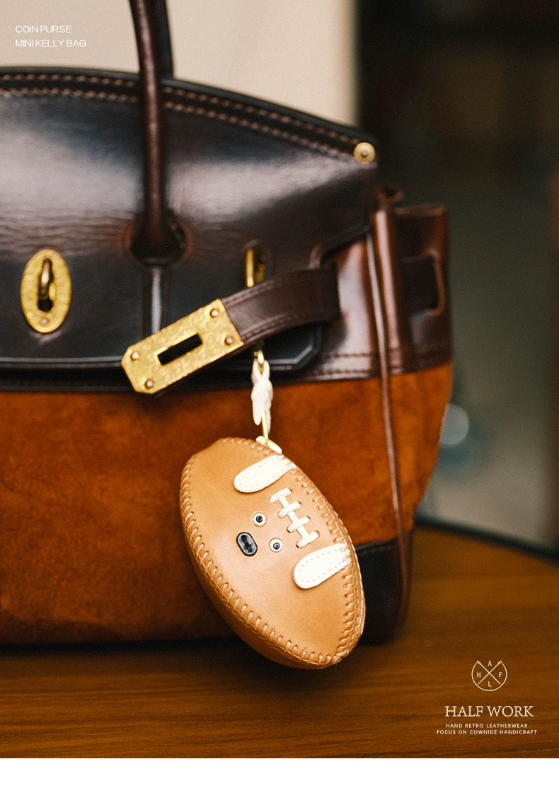 HALF WORK first layer cowhide key bag, genuine leather retro handmade football bag, earphone bag, key bag.