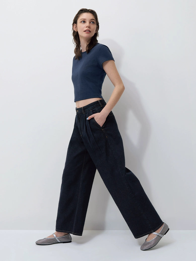 GU Denim Pleated High-waisted Loose Trousers