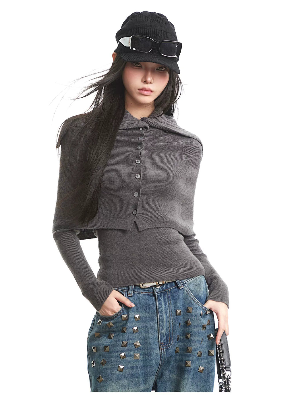 UNCMHISEX Turtleneck Long-sleeved Knitted Cardigan