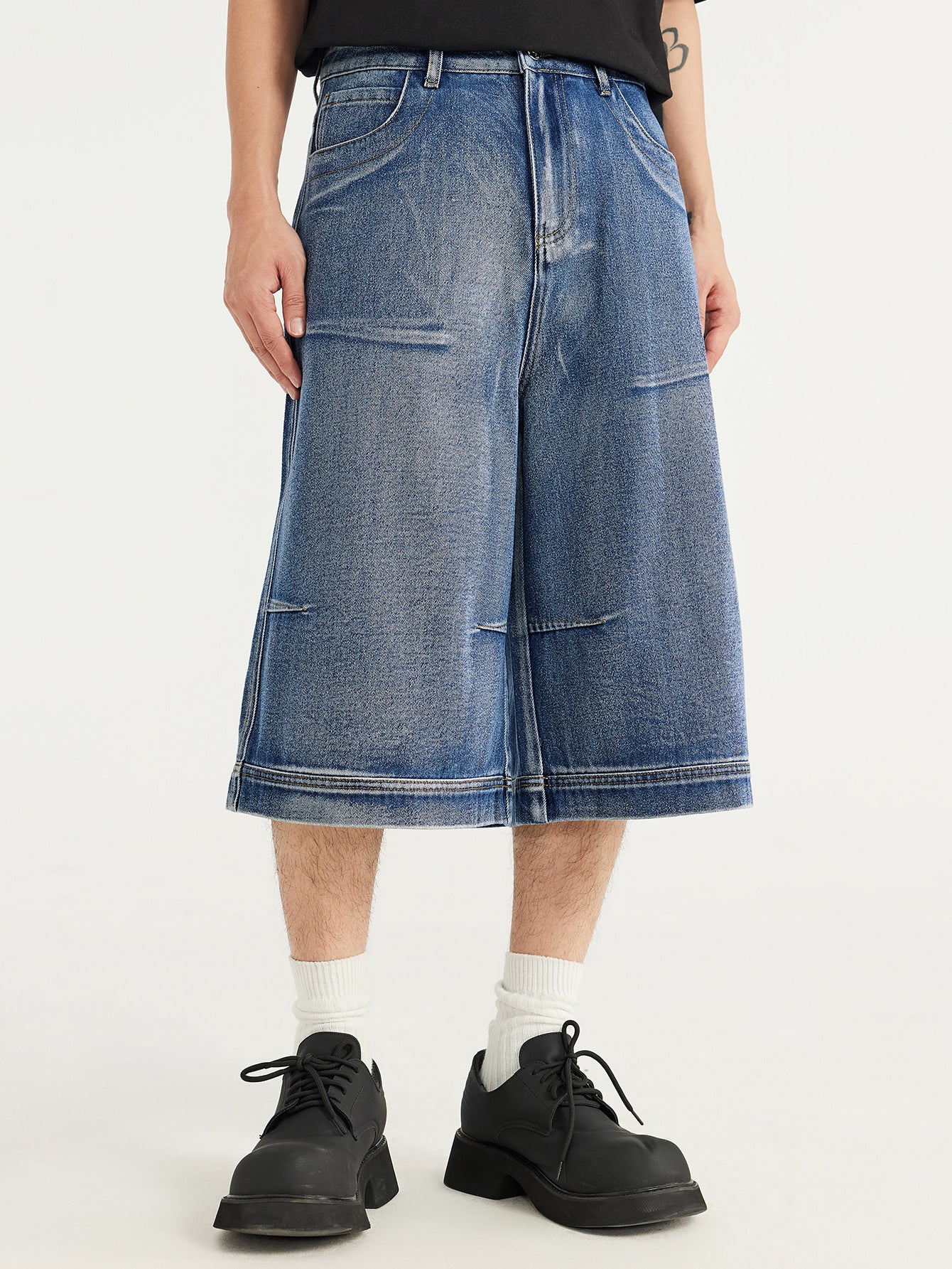 INF pleated seven-point Denim Shorts