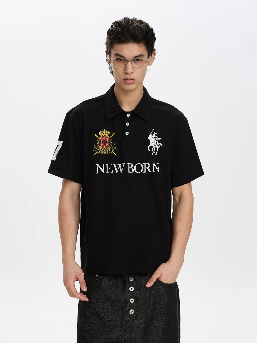 A PUEE Retro Alphabet Front Shoulder Embroidered Polo Shirt