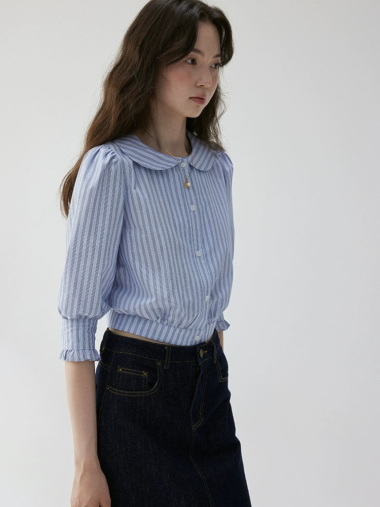 VOOE Short Doll Collar Striped Seven-quarter Sleeve Shirt
