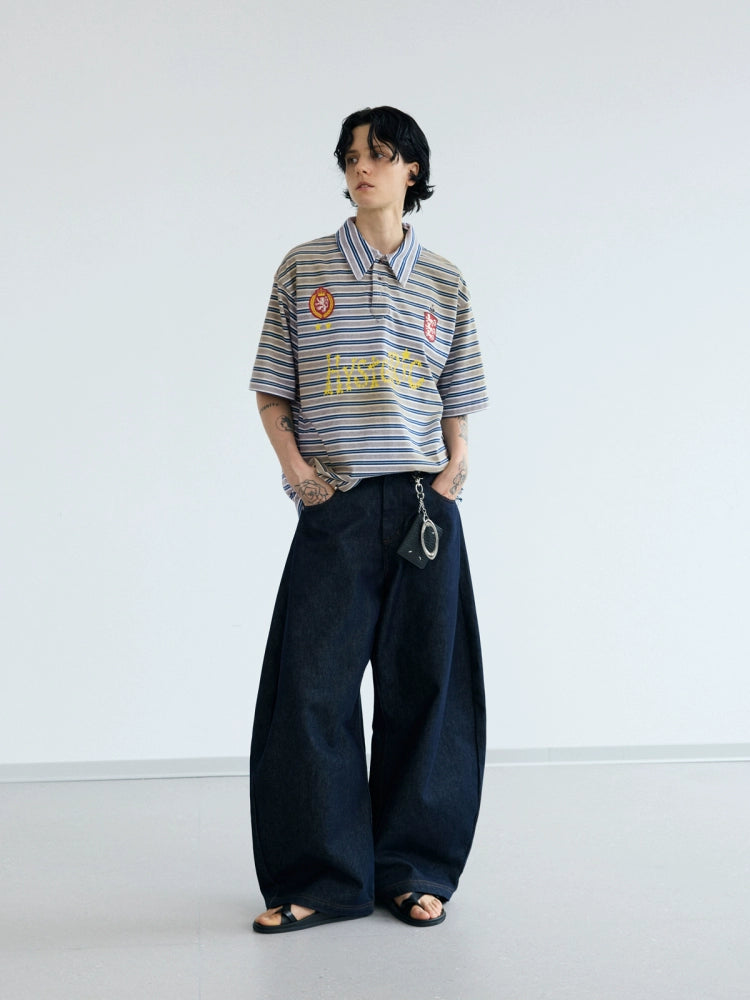 PEOPLESENSE Stripe Spray Dirty Old Resin Buckle POLO Collar Tee