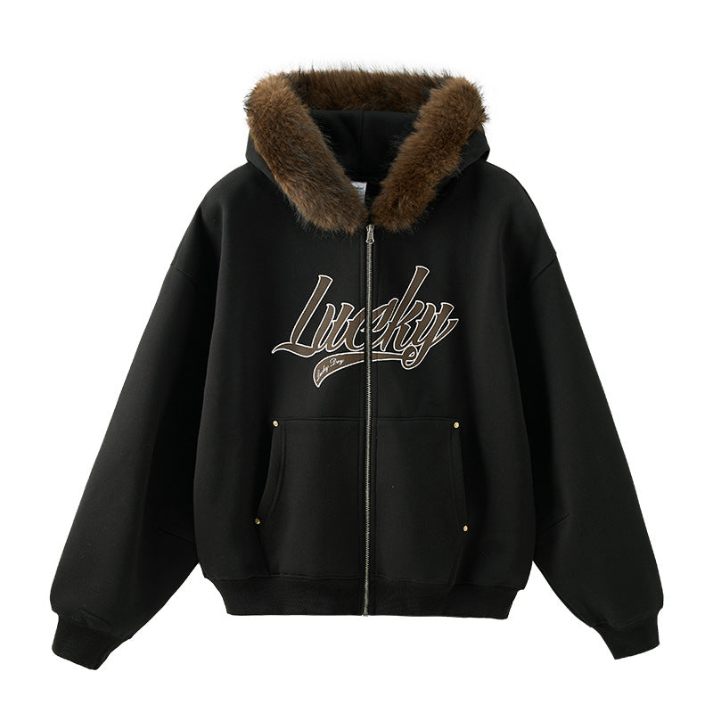Inflation Hooded Embroidered Plush Collar Short Jacket
