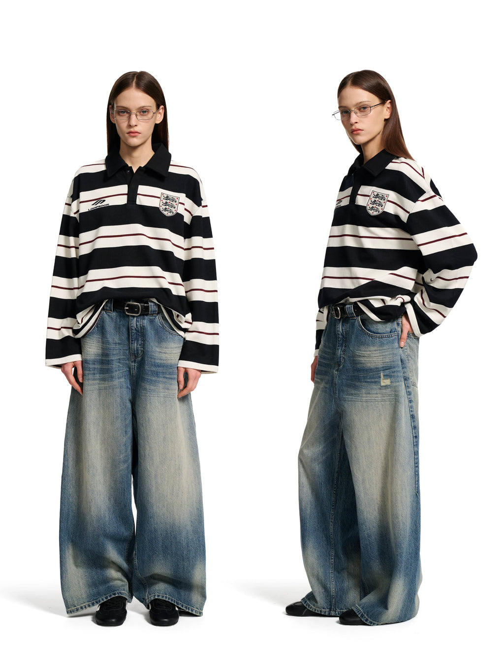Loopsoon Striped Contrast Lapel Embroidered English Loose Sweatshirt