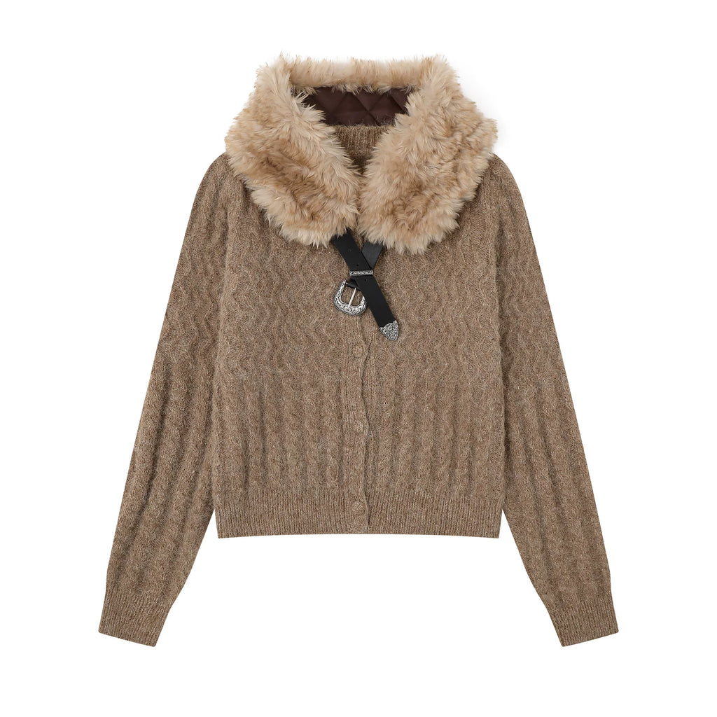 Zuocisankon Detachable Fur Collar Twist Knitted Cardigan Sweater