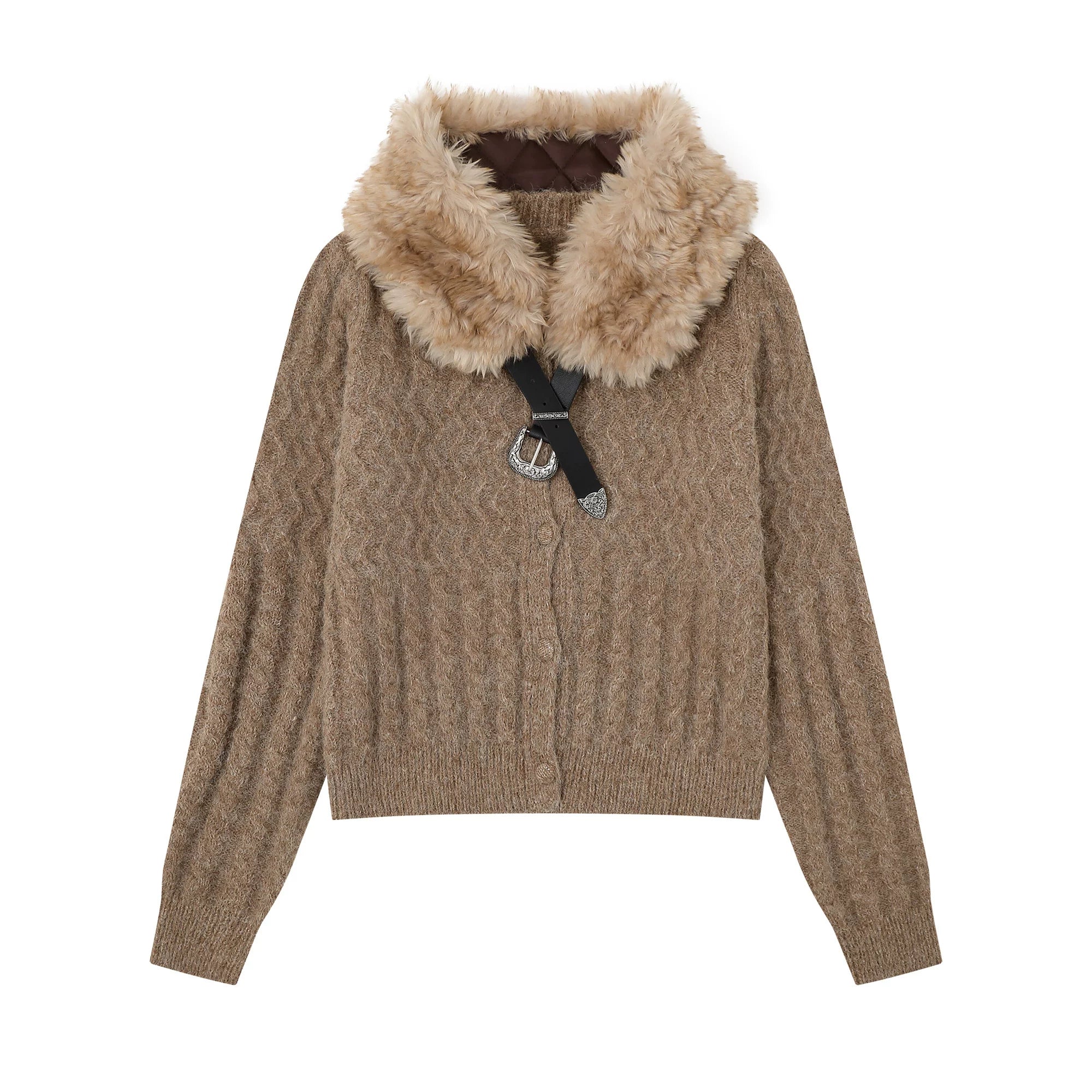 Zuocisankon Detachable Fur Collar Twist Knitted Cardigan Sweater