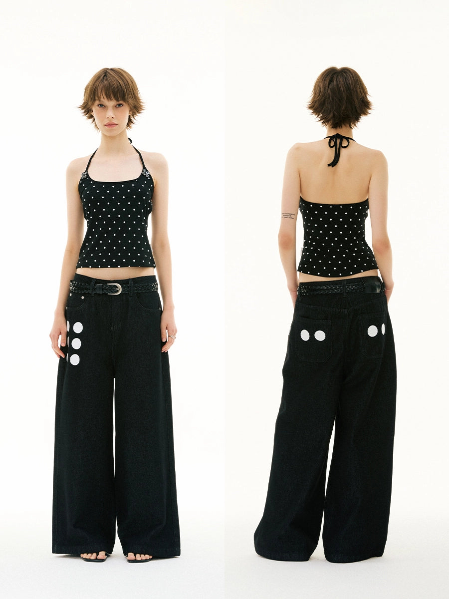 FUNKYFUN Front and Rear Polka Dot Print Loose Jeans