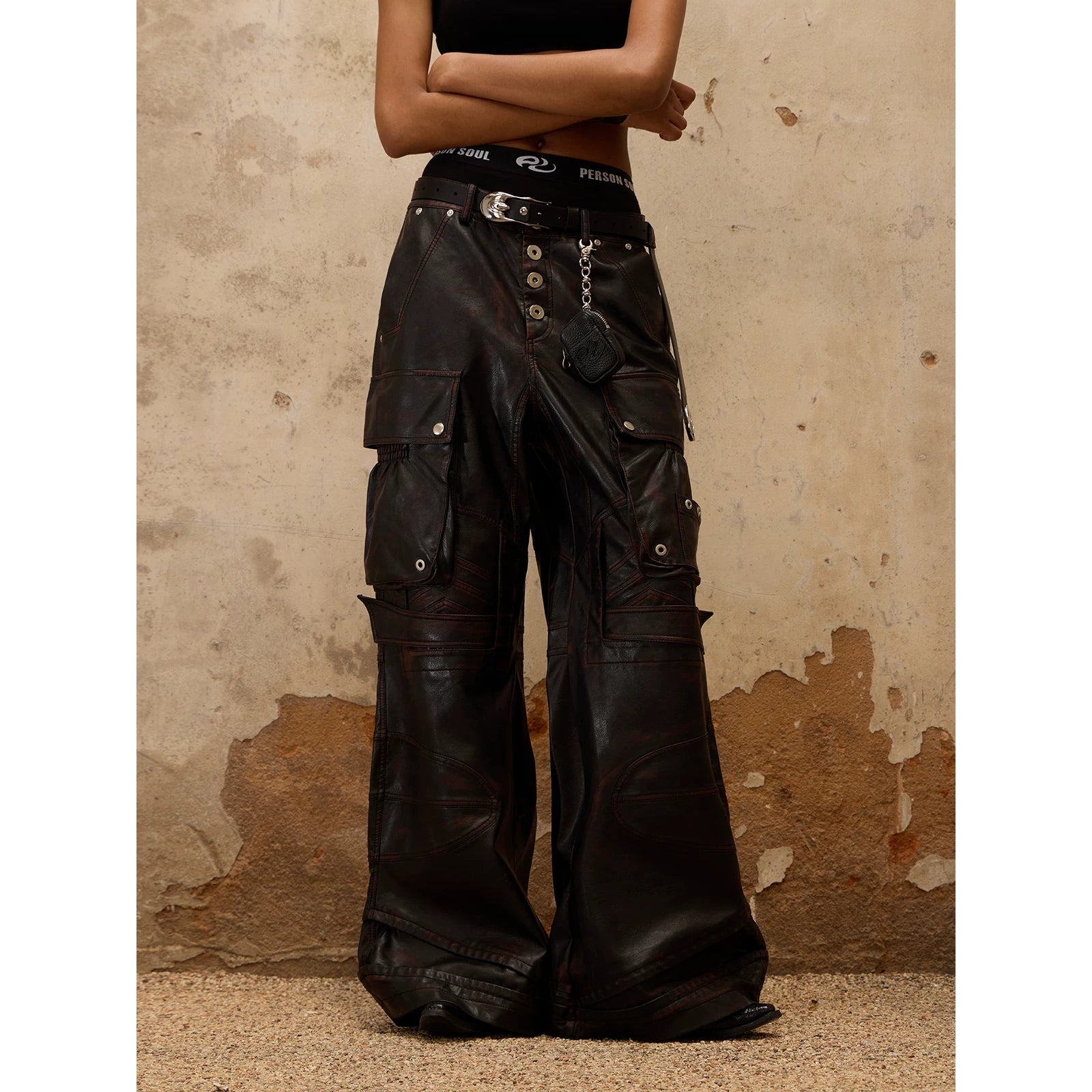 PERSONSOUL Vintage Spade Armor Structure Polished Leather Pants