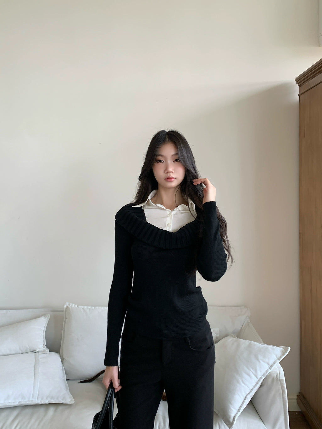 WITHMIN Slim and Thin Versatile Fake Two-piece Knitted Sweater