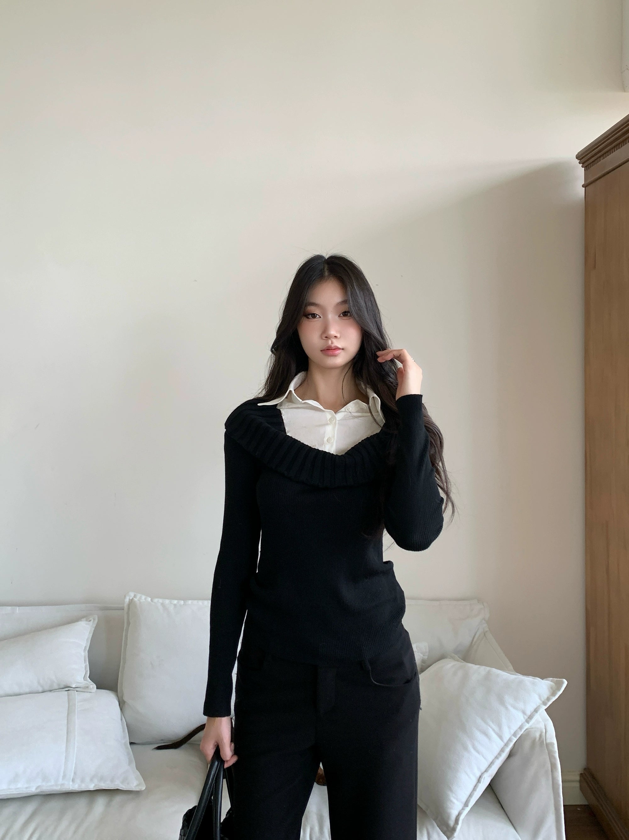 WITHMIN Slim and Thin Versatile Fake Two-piece Knitted Sweater