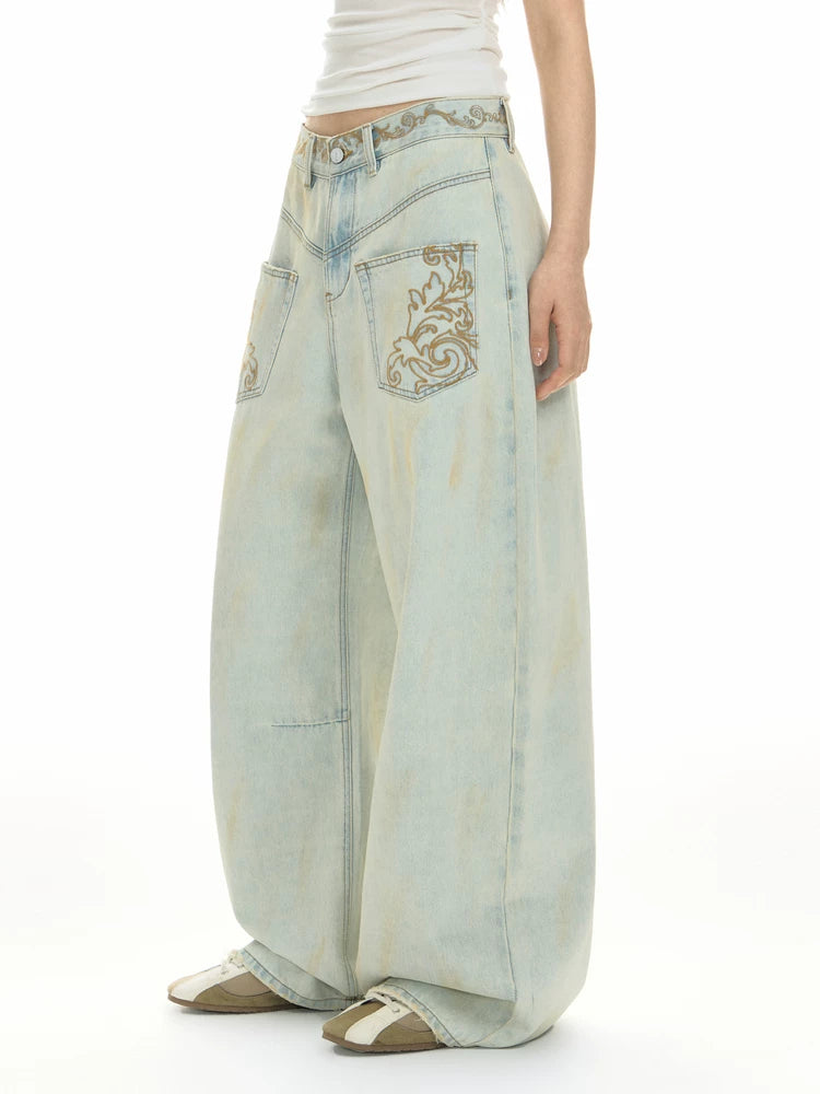 TGNS Vintage Loose Embroidered Low Waist Jeans