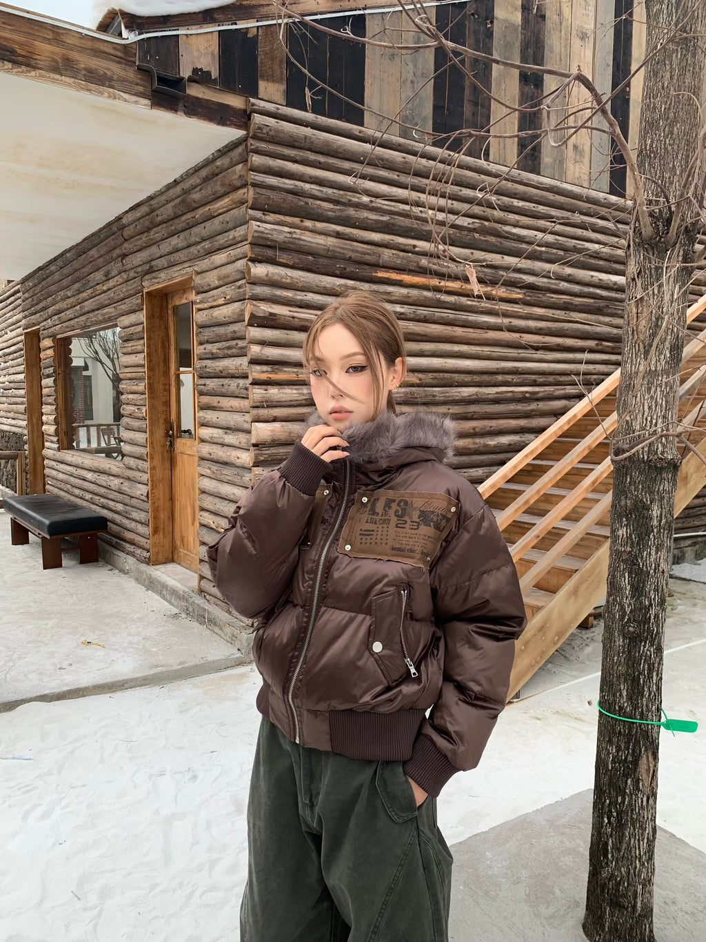 BANGU Vintage Fur Collar Hooded Cotton Jacket