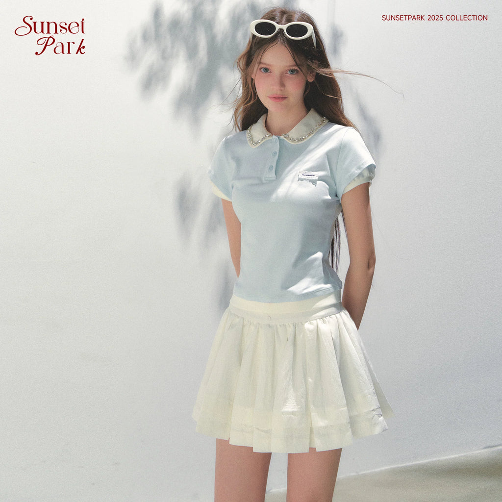 SunsetPark Splicing Fake Two-piece Polo Rhinestone Collar Tee