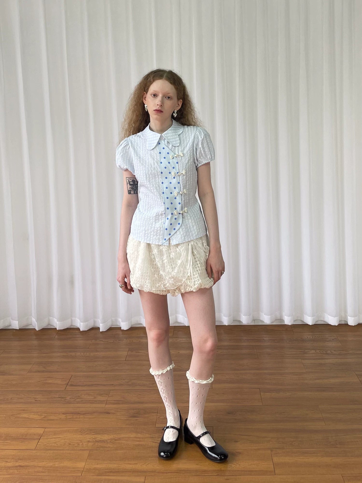Loosesmell Checked Polka Dot Short Sleeve Shirt