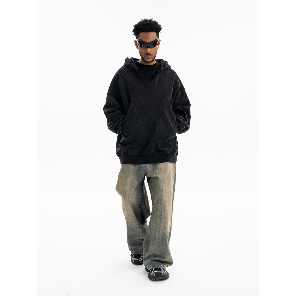 SUPER WAY Vintage Deconstructed Stitching Silhouette Hooded Sweater