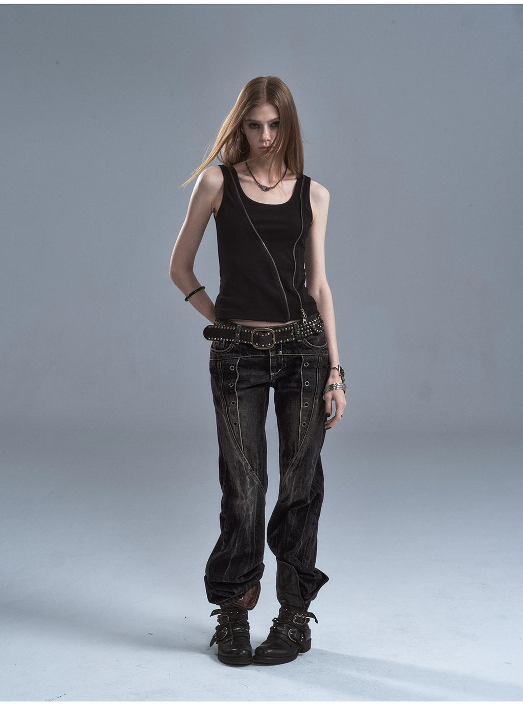 WearAndtear Rivet Lightning Pattern Slightly Pulled Low Waist Jeans