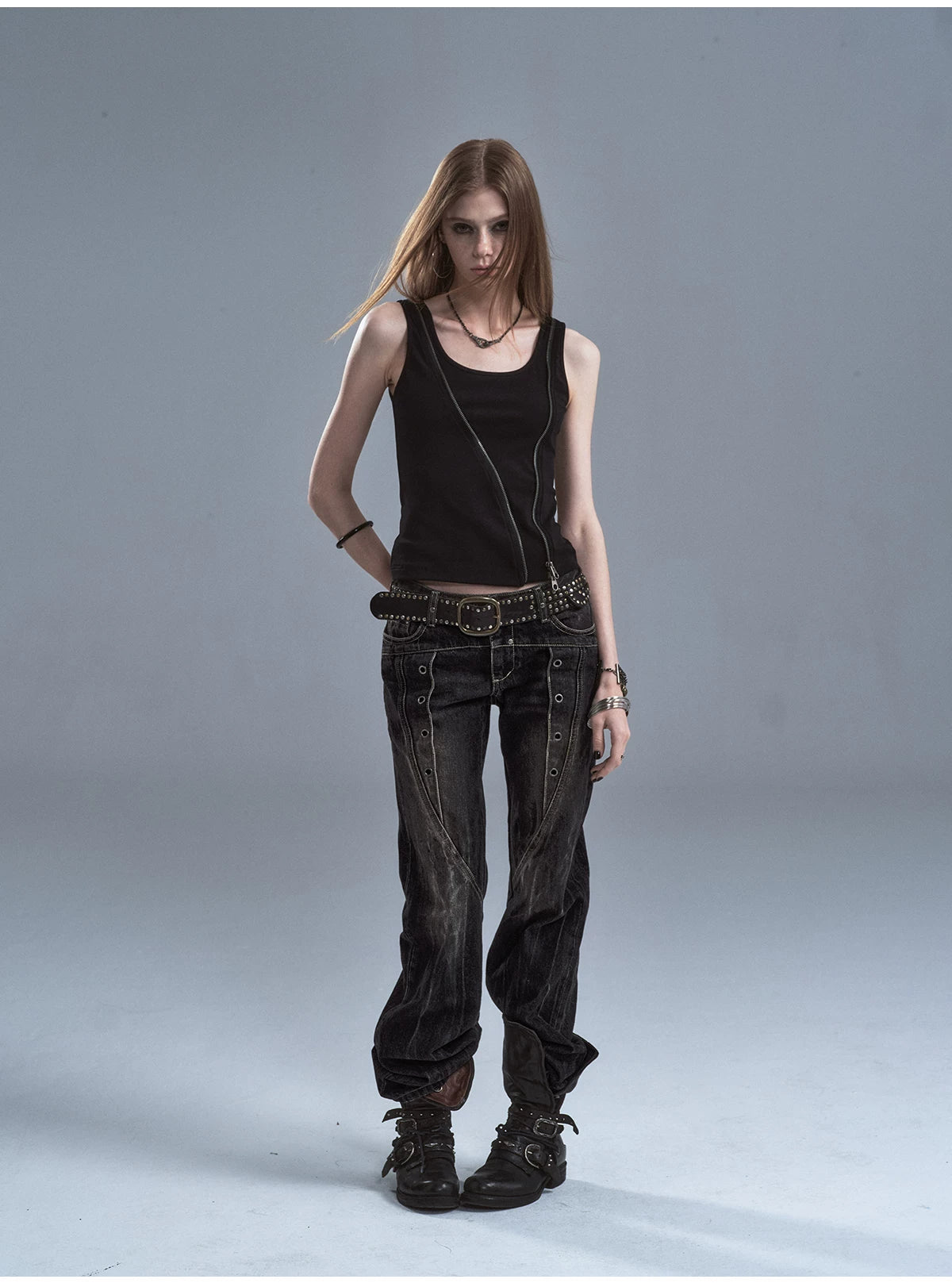 WearAndtear Rivet Lightning Pattern Slightly Pulled Low Waist Jeans