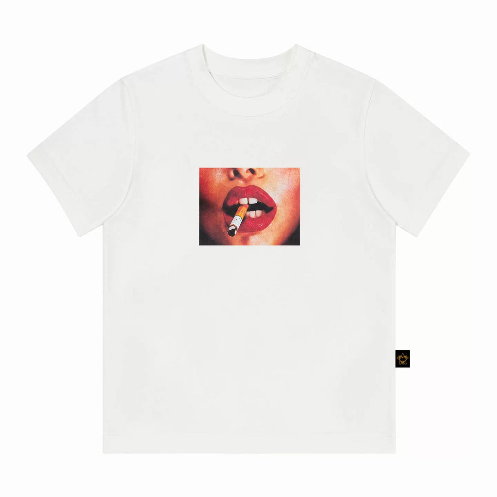MMBBT Red Lip Print Flower Front Shoulder Embroidery Tee