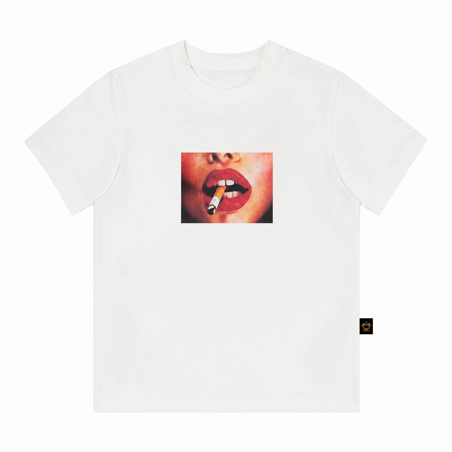 MMBBT Red Lip Print Flower Front Shoulder Embroidery Tee