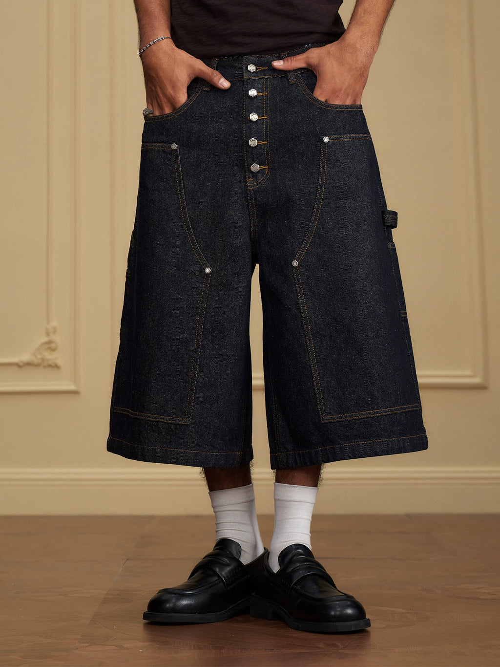 YADcrew 220g Breathable Different American Retro Button Denim Culottes