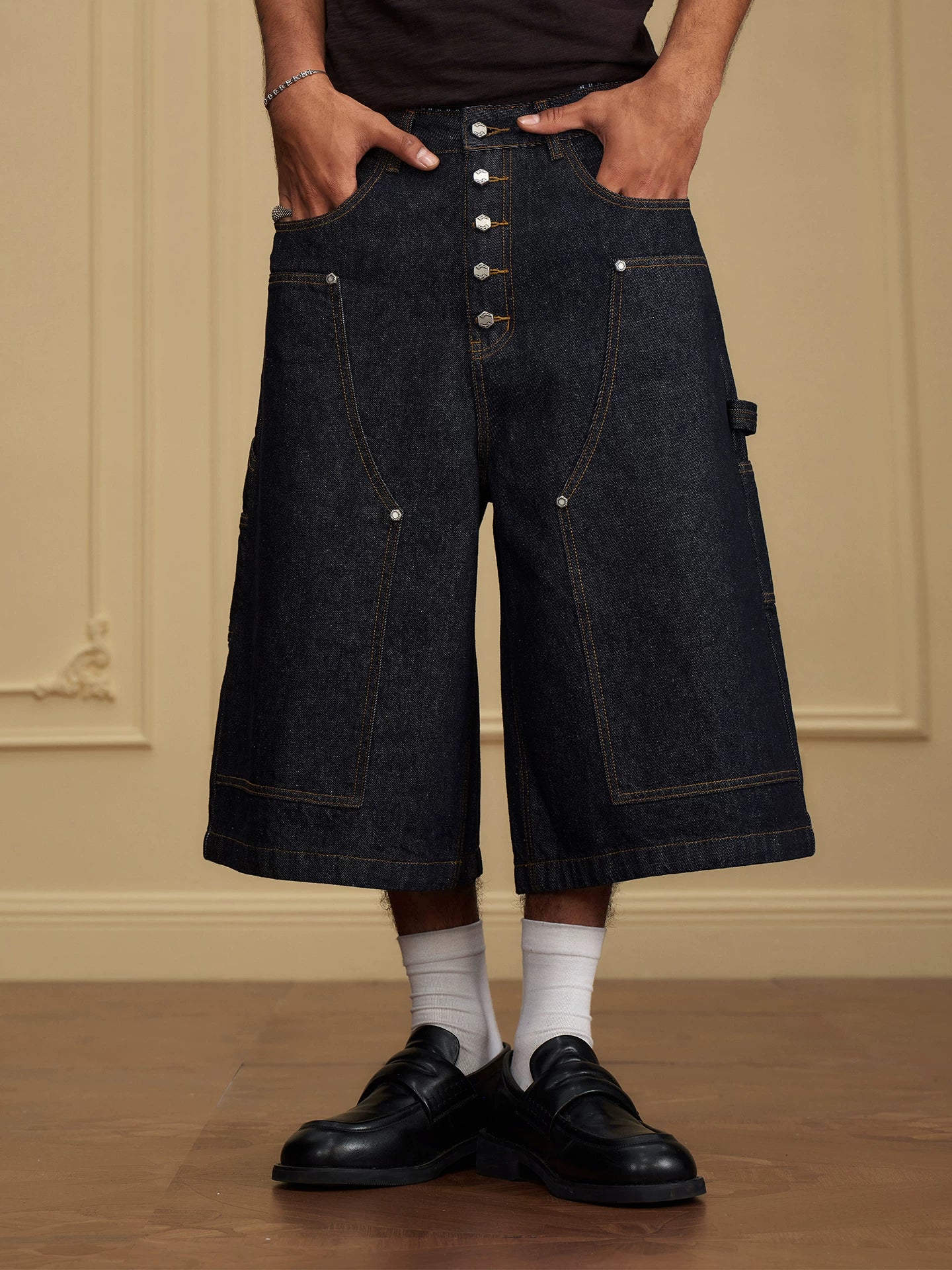 YADcrew 220g Breathable Different American Retro Button Denim Culottes