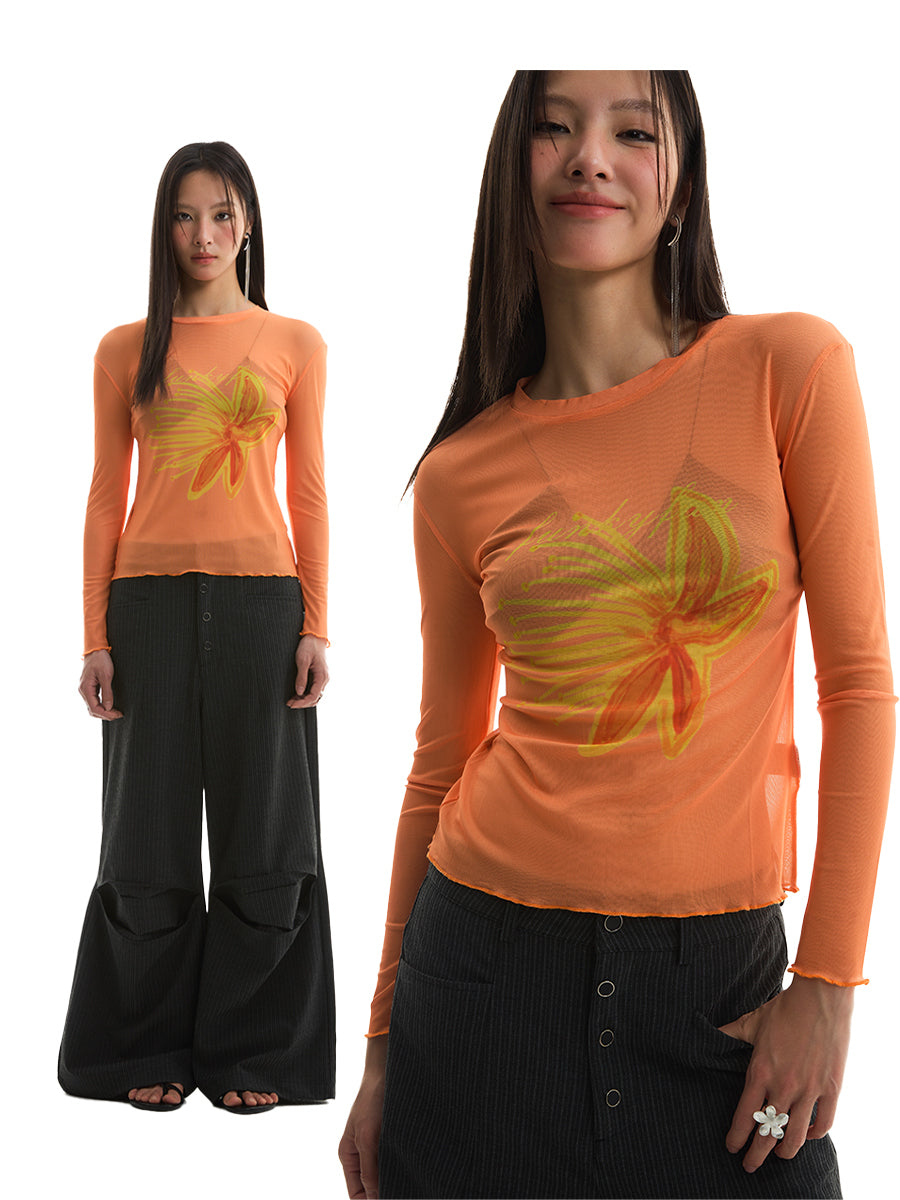 FUNKYFUN Stamen Print Mesh Fungus Edge Long Sleeve