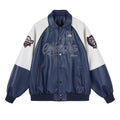 MATCHA STORY Contrast Color Splicing Retro Embroidered Lapel Leather Jacket