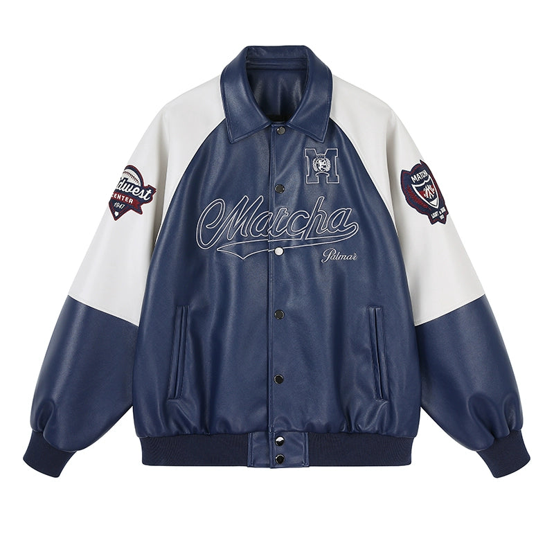 MATCHA STORY Contrast Color Splicing Retro Embroidered Lapel Leather Jacket