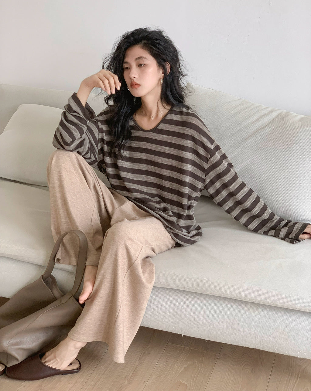 EM Vintage Striped V-Neck Loose Temperament Long Sleeve